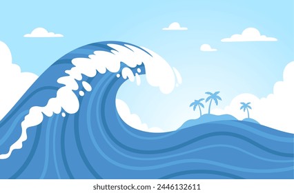 Ocean wave background. Abstract storm sea waves near island. Tropical surf, oceanic water and sky on poster. Decorative voyages flyer. Surfer beach with palm trees. Vector illustration. Aqua surface