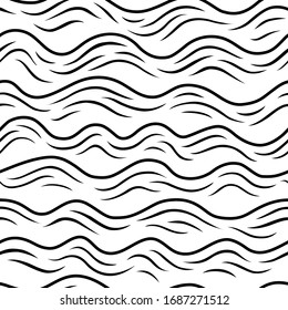 Ocean wave background. Abstract waves seamless pattern. Doodle sea wavy design for prints. Nautical tides. Organic shapes. Hand drawn seascape water. Black and white drawing river backdrop. Vector