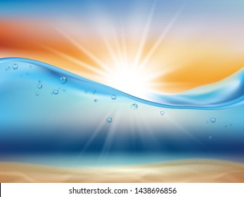 Ocean wave background with sun. Water landscape with sunrise or sunset and underwater life liquid surface splashes drops and bubbles 3d realistic background vector illustration
