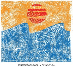Ocean wave background in sunset with blue brush texture, summer sea banner ideal for surfing with copy space, artistic grunge design. Golden hour . Vector