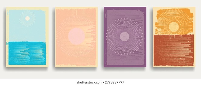 Ocean wave background in sunset with blue brush texture poster set, summer sea banner ideal for surfing with copy space, artistic grunge design. Golden hour . Vector