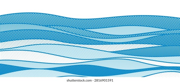 Ocean wave background vector. Abstract blue sea with rolling surf, white foam, halftone texture and hand drawn curved lines. Marine design for banner, poster, cover and wallpaper.