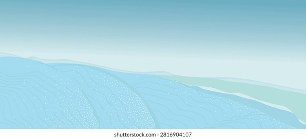 Ocean wave background vector. Abstract turquoise sea with layered rolling waves, stippled grain texture and soft blue gradient. Modern marine design for banner, poster, cover and wallpaper.