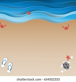 Ocean wave and beach background with summer concept paper art style.Vector illustration.