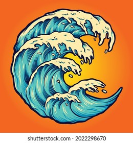 Ocean Wave Beach Crashing Vector illustrations for your work Logo, mascot merchandise t-shirt, stickers and Label designs, poster, greeting cards advertising business company or brands.