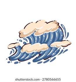 Ocean wave with blue curling water, sea foam, splash drops and cream cloud shapes. Portugal coast detail with ocean wave, cartoon vector illustration.