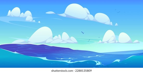 Ocean wave and blue sky with cloud vector background. Sea cartoon landscape. Sunny horizon skyline scene. Wild seaside wide wallpaper with water splash and foam. Beautiful nautical concept