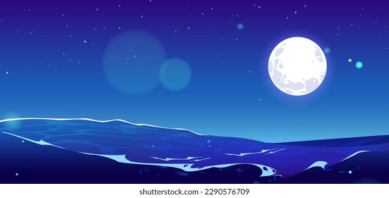 Ola oceánica y cielo azul con luna llena y fondo vectorial de estrellas. El paisaje panorámico de dibujos animados marinos. Escena clara del horizonte. Mar salvaje con salpicaduras de agua y espuma
