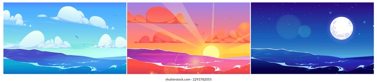 Ocean wave and blue sky with full moon and stars vector background set. Sea cartoon sunset landscape. Clear horizon skyline scene. Wild seaside with water splash and foam