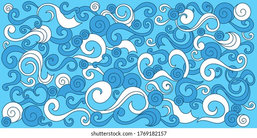 Ocean wave border pattern. Vector illustration with sea waves. Hand drawn doodle print