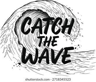Ocean wave catch the wave vector illustration for surf sport summer surfing holiday adventure and beach travel design isolated black on transparent