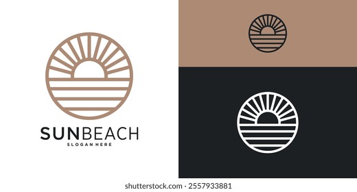 Ocean ​​sun wave circle shape logo design with line art styler