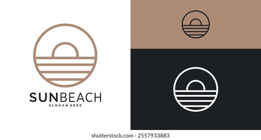 Ocean ​​sun wave circle shape logo design with line art styler