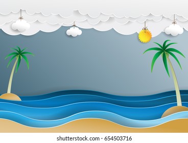 Ocean wave and cloud paper cut style.With summer concept design background.Vector illustration.