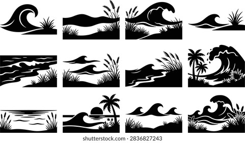 Ocean wave and coastal beach grass landscape silhouettes black vector isolated elements set