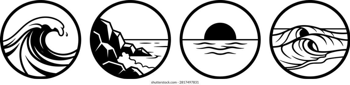 Ocean Wave and Coastal Landscape Circular Emblem Vector Set with Surfing Waves Rocky Sea Cliffs and Sunset Horizon Line Art Logos.eps