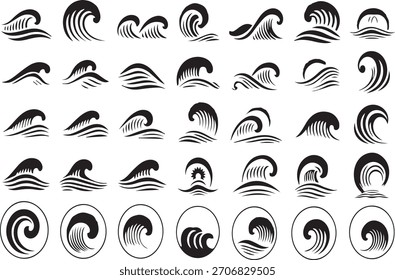 Colección de la onda del océano varios diseños negros de la silueta de las olas del mar y del movimiento del agua. eps
