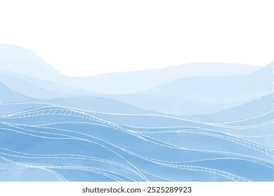 Ocean wave curve line vector background. Abstract ocean splashing waves. Luxury design with underwater plants and watercolor splash. Template design for text, packaging and prints.