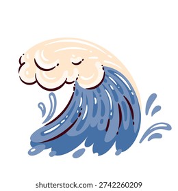 Ocean wave with curved crest and splashing water drops in beach summer style. Ocean wave illustrated in bold doodle cartoon style vector illustration.