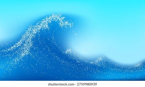 Ocean wave depicted with stipple dot effect. Abstract surge of sea water with white spray particles against blue background. Graphic vector design for nautical theme or summer poster.