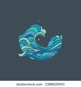 Ocean wave flow logo flat design concept isolated dark background vector illustration