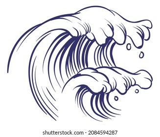 Ocean wave in hand drawn style. Blue pen ink sketch