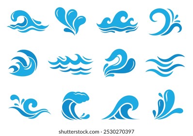 Conjunto de iconos de olas del océano. Olas azules, agua, mar, océano.