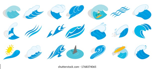 Conjunto de iconos de la ola oceánica. Conjunto isométrico de iconos vectoriales de ondas oceánicas para la web aislada en fondo blanco