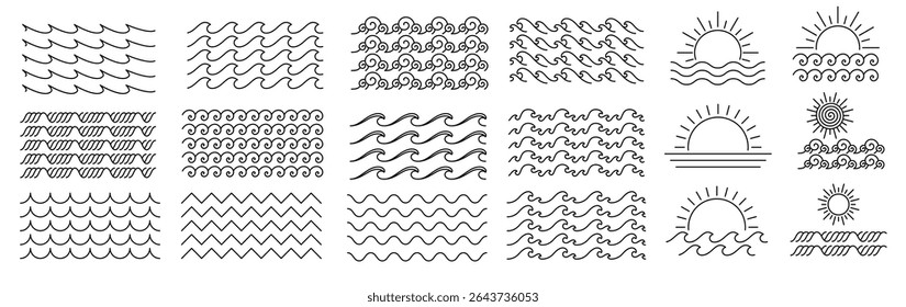 ocean wave icon set. thin line wavy repeatable pattern with sunset editable stroke. wavy design elements can be used for surfing, beach, water, logo and banner design etc purpose. editable outline	