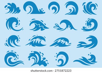 Ocean Wave Icons Set – Blue Sea Water Splash Vector Collection. Sea Wave Vector Set – Ocean Surf Water Symbols Collection. Blue Ocean Surf Waves – Water Motion Icon Collection