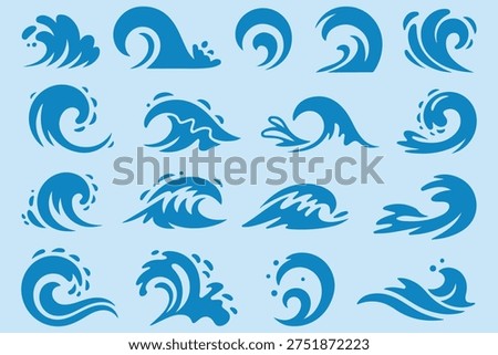 Ocean Wave Icons Set – Blue Sea Water Splash Vector Collection. Sea Wave Vector Set – Ocean Surf Water Symbols Collection. Blue Ocean Surf Waves – Water Motion Icon Collection