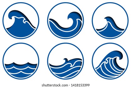 Ocean wave icons vector.Blue sea line paper cut sign. 