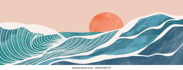 Ocean wave illustration. Creative minimalist modern paint and line art pattern. Abstract  contemporary aesthetic backgrounds landscapes. with Ocean wave, sunset and sea