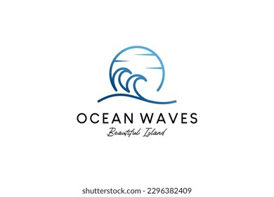 Ocean wave illustration symbol vector logo design with creative line art