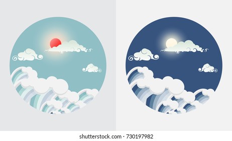 Ocean wave in Japanese style in day or night with sun and moon , vector
