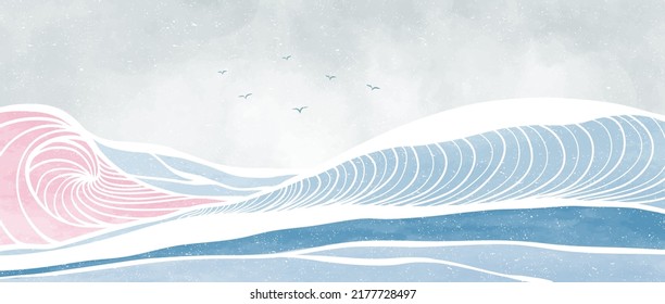 Ocean wave landscape. Creative minimalist modern painting and line art print. Abstract contemporary aesthetic backgrounds landscapes. with Ocean, sea, skyline, wave. vector illustrations