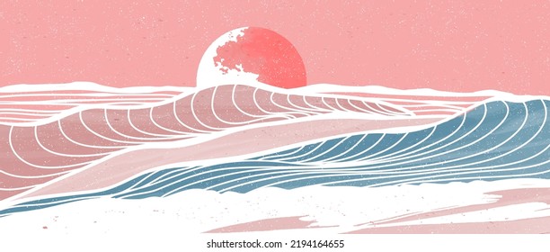 Ocean wave landscape. Creative minimalist modern paint and line art print. Abstract contemporary aesthetic backgrounds landscapes. with Ocean, sea, skyline, wave. vector illustrations