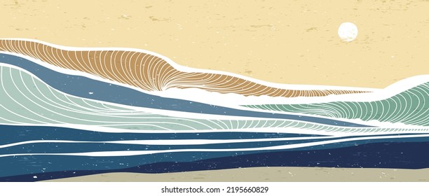 Ocean wave landscape. Creative minimalist modern art print. Abstract contemporary aesthetic backgrounds landscapes. with Ocean wave, sea, skyline. vector illustrations