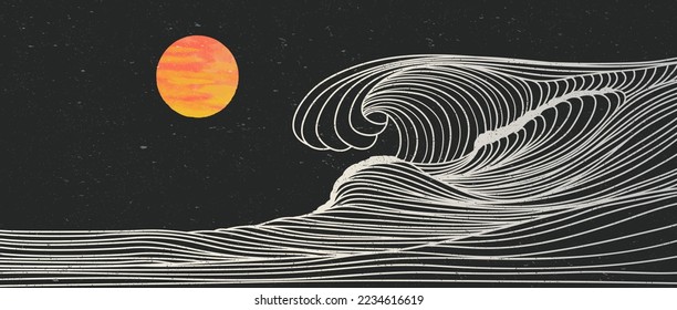Ocean wave landscape. Creative minimalist modern line art print. Abstract contemporary aesthetic backgrounds landscapes. with Ocean, sea, skyline, wave and sunset. vector illustrations