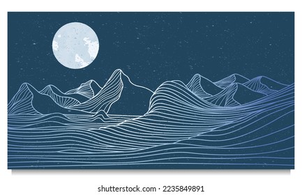 Ocean wave landscape. Creative minimalist modern line art print. Abstract contemporary aesthetic backgrounds landscapes. with Ocean wave, mountain and moonlight. vector illustrations