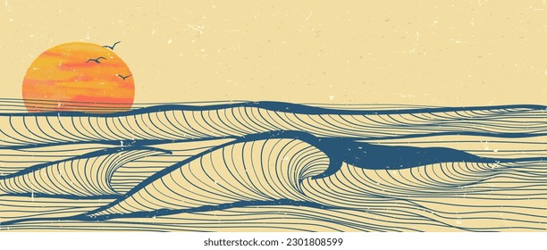 Ocean wave landscape illustration. Creative minimalist modern line art print. Abstract contemporary aesthetic backgrounds landscapes. with Ocean, sea, skyline, wave and sunset