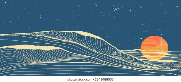 Ocean wave landscape illustration. Creative minimalist modern line art print. Abstract contemporary aesthetic backgrounds landscapes. vintage style with Ocean, sea, skyline, wave and sunset