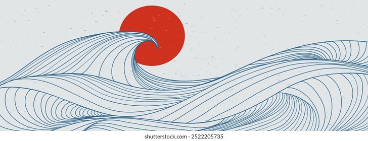 Ilustración del paisaje de la onda del océano. Impresión de arte de línea moderna minimalista creativa. Abstractas fondos estéticos contemporáneos. con Océano, mar, horizonte, ola y puesta de sol	