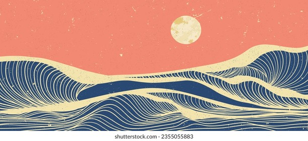 Ocean wave landscape illustration in vintage style. abstract line art background with sea, wave and the moon