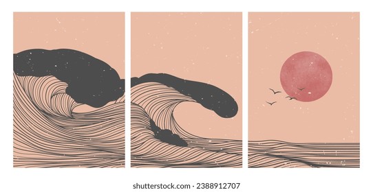 Ocean wave landscape illustrations on set. Creative minimalist modern line art print. Abstract contemporary aesthetic backgrounds landscapes. with Ocean, sea, skyline, waves and sunset