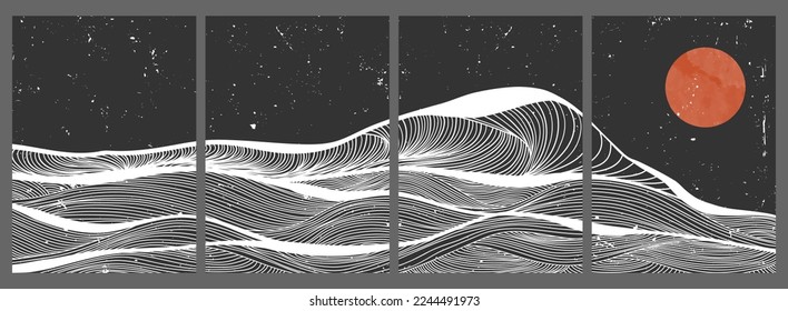 Ocean wave landscape on set. Creative minimalist modern paint and line art print. Abstract contemporary aesthetic backgrounds landscapes. with Ocean, sea, wave. vector illustrations