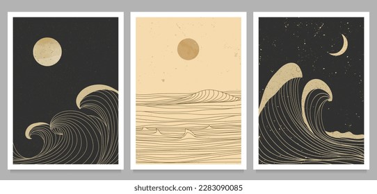 El paisaje de las olas oceánicas sobre el terreno. Impresión de arte moderno minimalista creativo. Resumen de los paisajes estéticos contemporáneos. con olas oceánicas, mar y puesta de sol. ilustraciones vectoriales