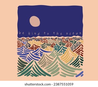 Ocean wave line abstract art .Beach Paradise Print t shirt graphics design, typography slogan on palm trees background. Summer beach vibes. Ocean wave. Modern art design. Colorful sea wave.