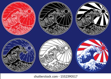 Ocean wave line art illustration. Kanagawa round sign.