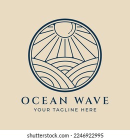 ocean wave line art logo with sunlight badge vector illustration design